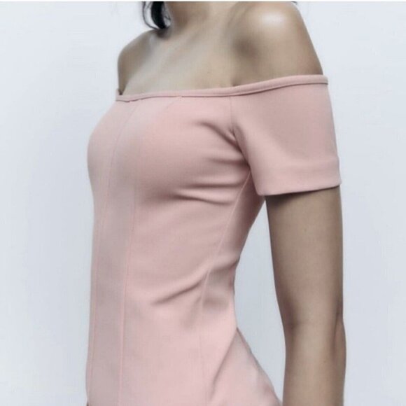 Zara Off the Shoulder Bodycon Midi Dress XSMALL Baby Light Pink Topstitched - Picture 8 of 15